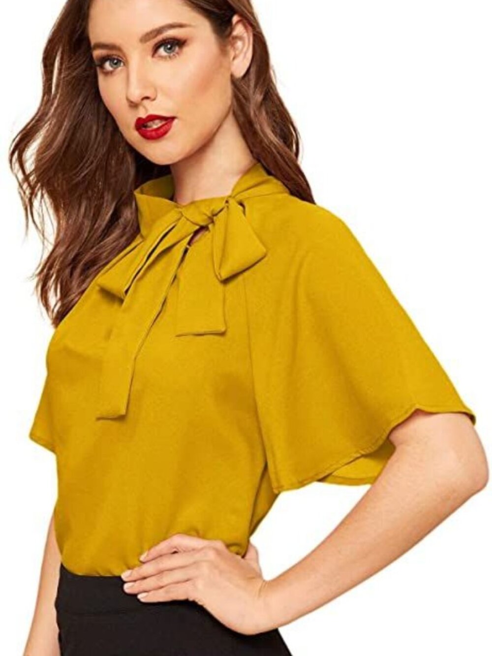 SheIn | Women's Casual Side Bow Tie Neck Short Sleeve Blouse Mustard Yellow, S